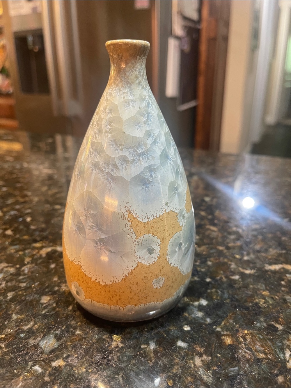 Crystalline Glazed Ceramic Bud Vase in Tan and Blue